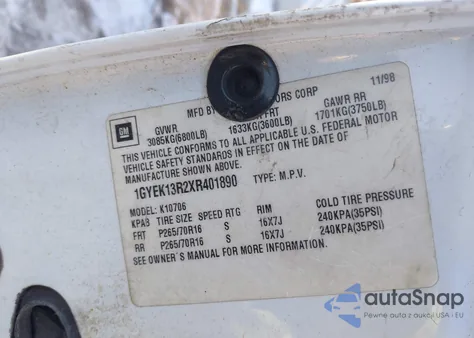 1999 Cadillac Escalade Standard z USA, uszkodzony, nr VIN 1GYEK13R2XR401890